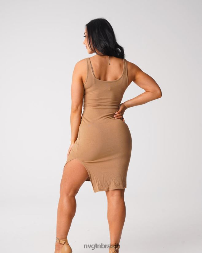 NVGTN estilo de vida mulheres vestido midi com recorte dourado café NNJ66L717
